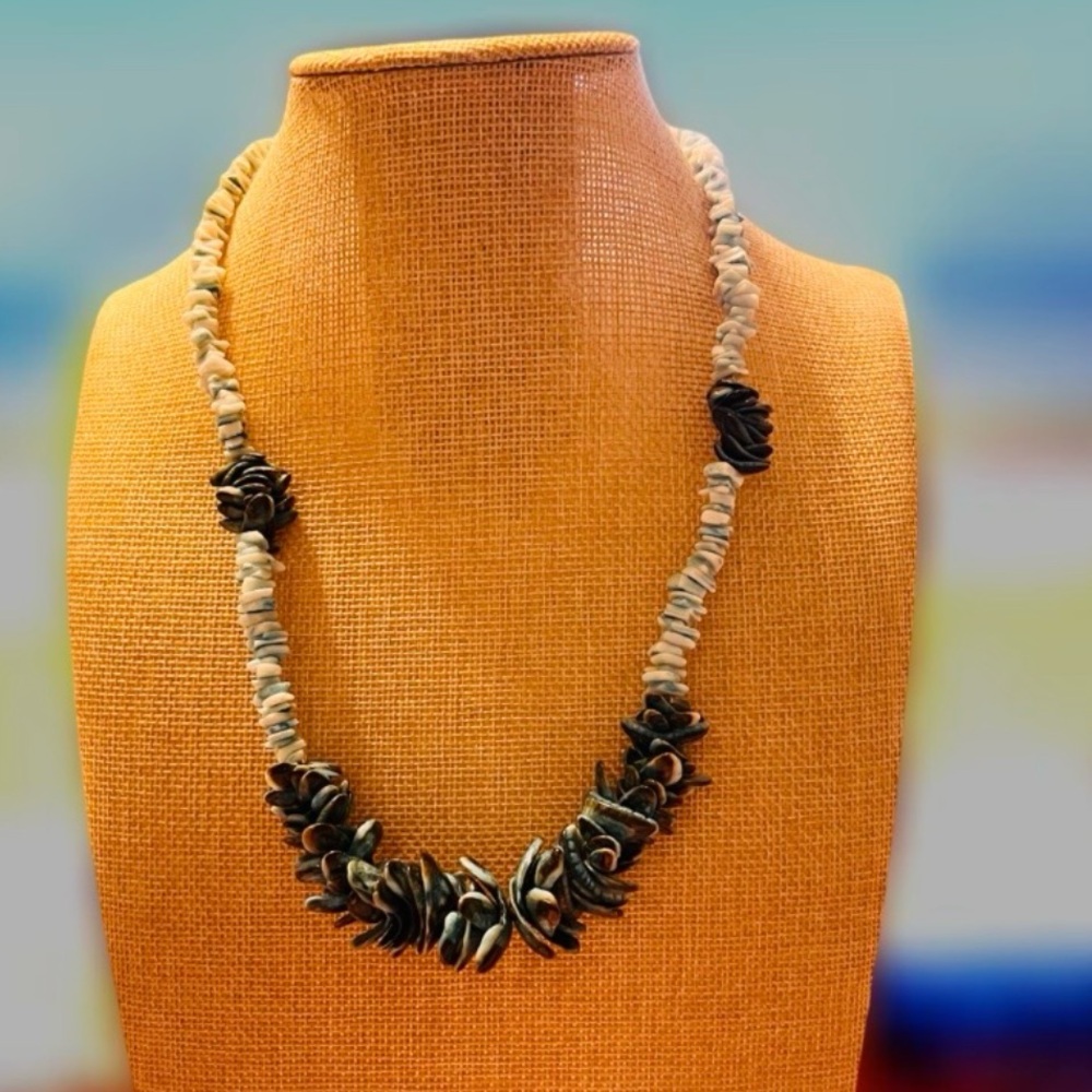 Vintage Cream and Dark Green Carved Shell
Necklace - Unique Handmade